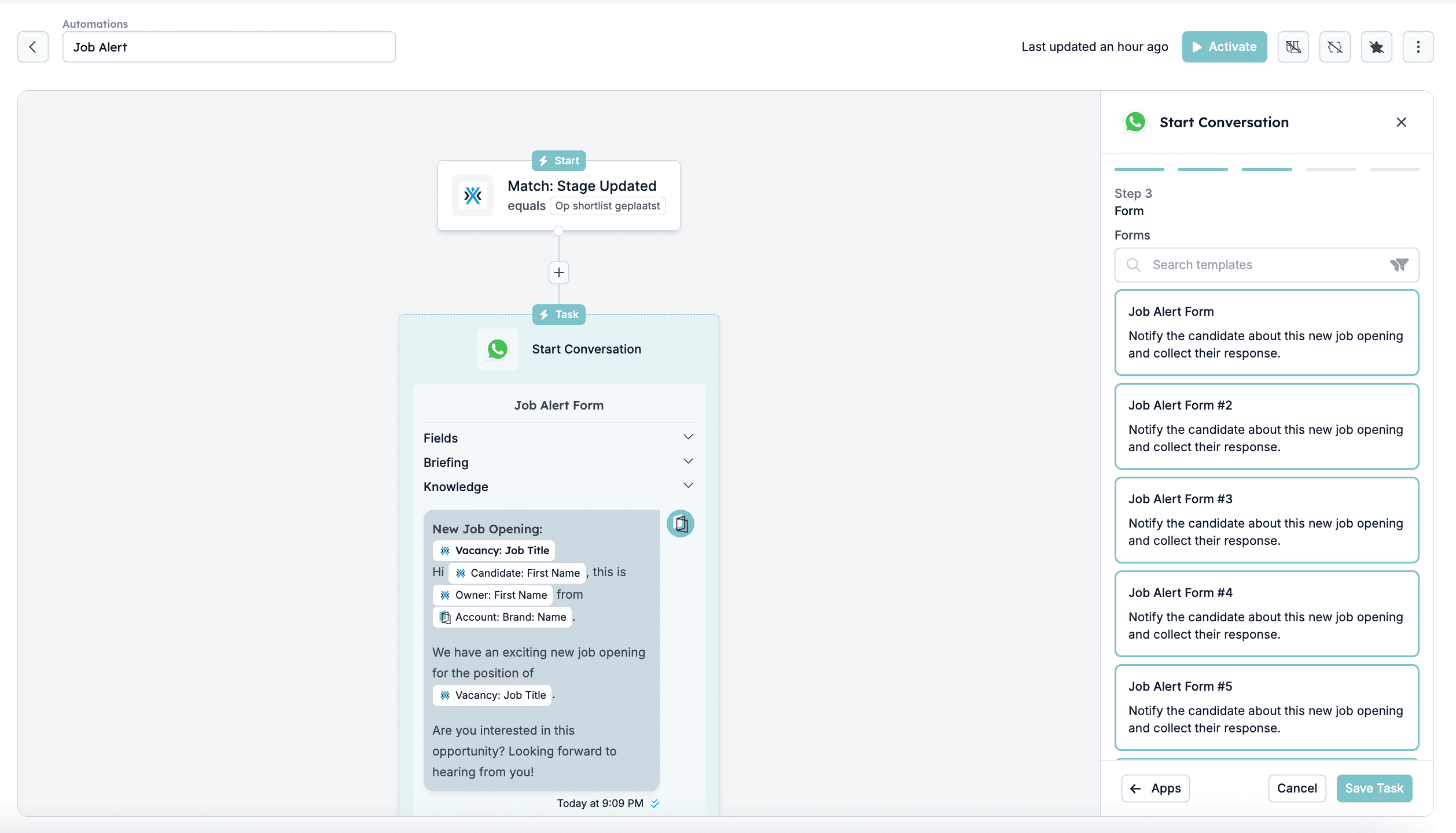 Selecting a form when setting up an automation