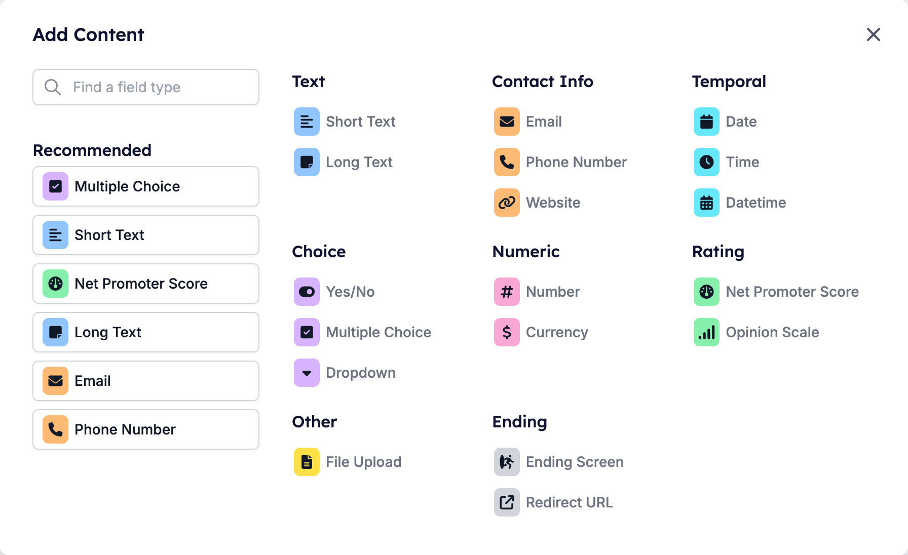 The Add Content palette with its Recommended list and the Text, Contact Info, Temporal, Choice, Numeric, Rating, Other, and Ending groups