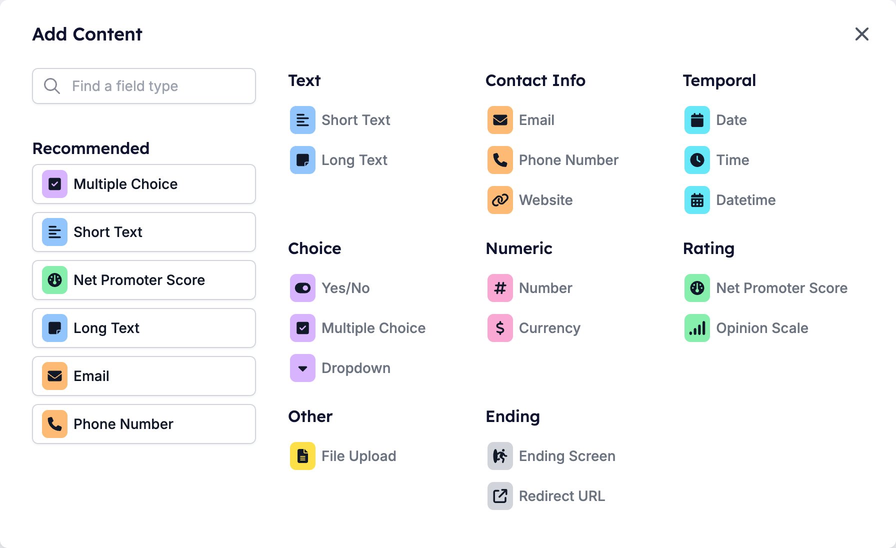 The Add Content palette with its Recommended list and the Text, Contact Info, Temporal, Choice, Numeric, Rating, Other, and Ending groups