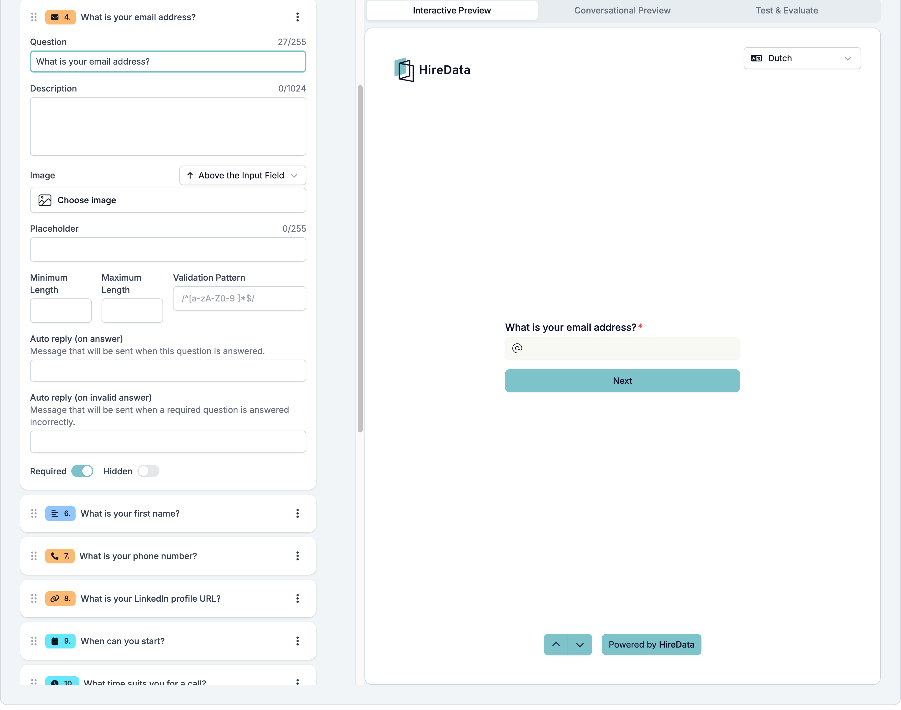 An Email question card with Required on, showing Question, Description, Image, Placeholder, the length and pattern settings, both auto replies, and the Required and Hidden toggles, next to the Interactive Preview