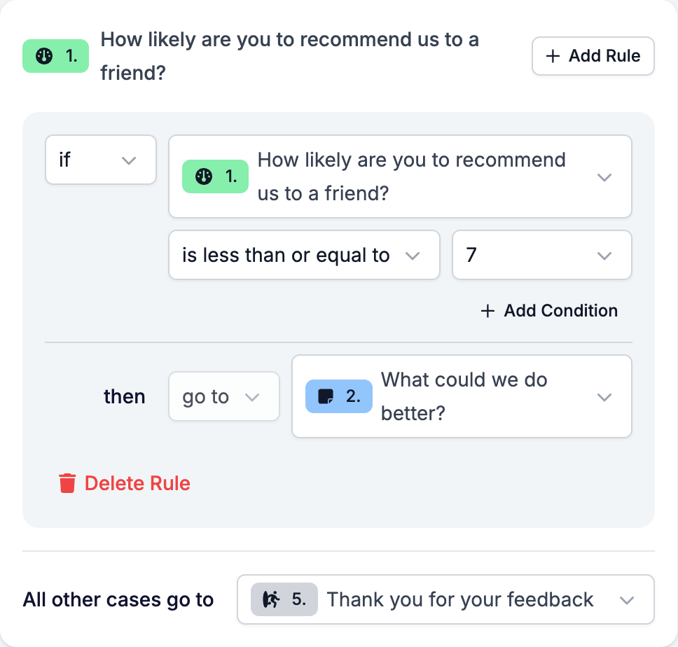 A logic rule that jumps to a follow-up question when the score is 7 or less, with All other cases go to the ending