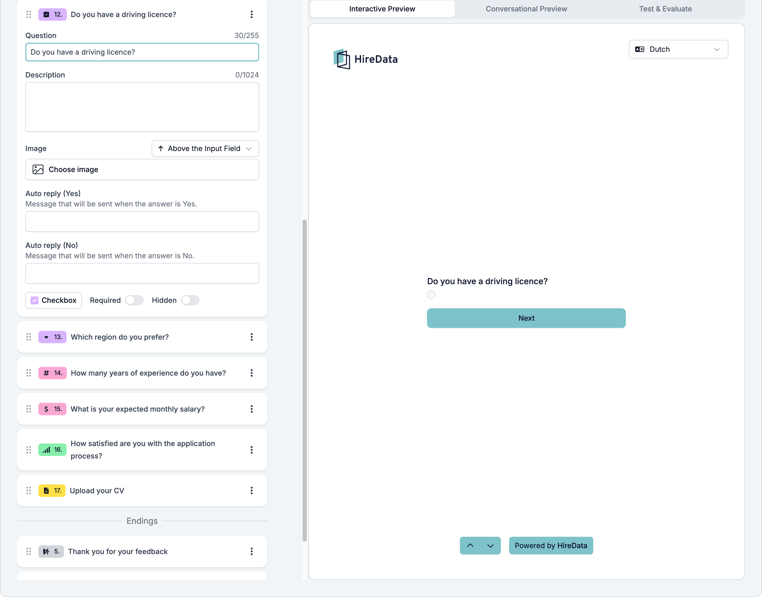 A Yes/No question card with Auto reply (Yes), Auto reply (No), and the Checkbox type switch, next to the preview showing a single tick box