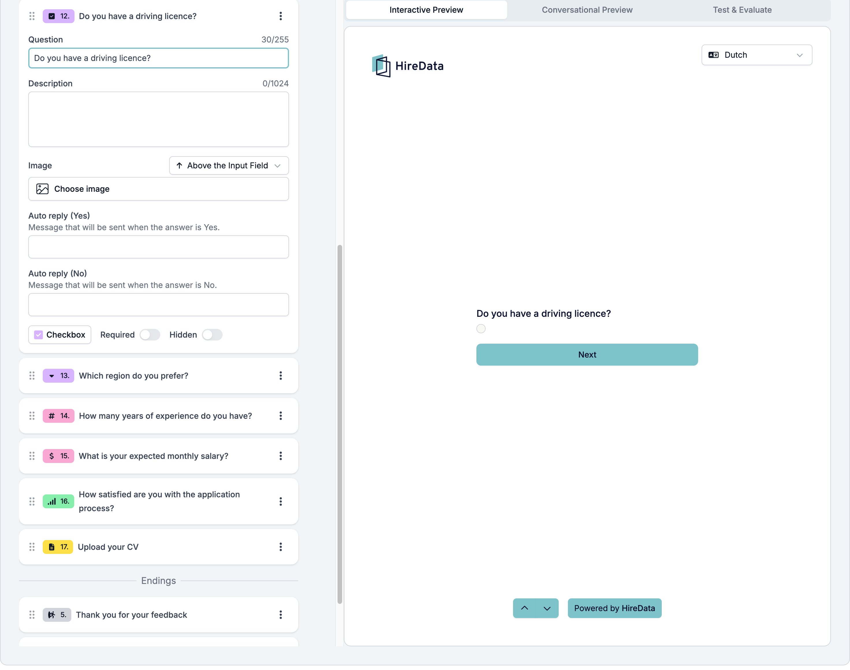 A Yes/No question card with Auto reply (Yes), Auto reply (No), and the Checkbox type switch, next to the preview showing a single tick box