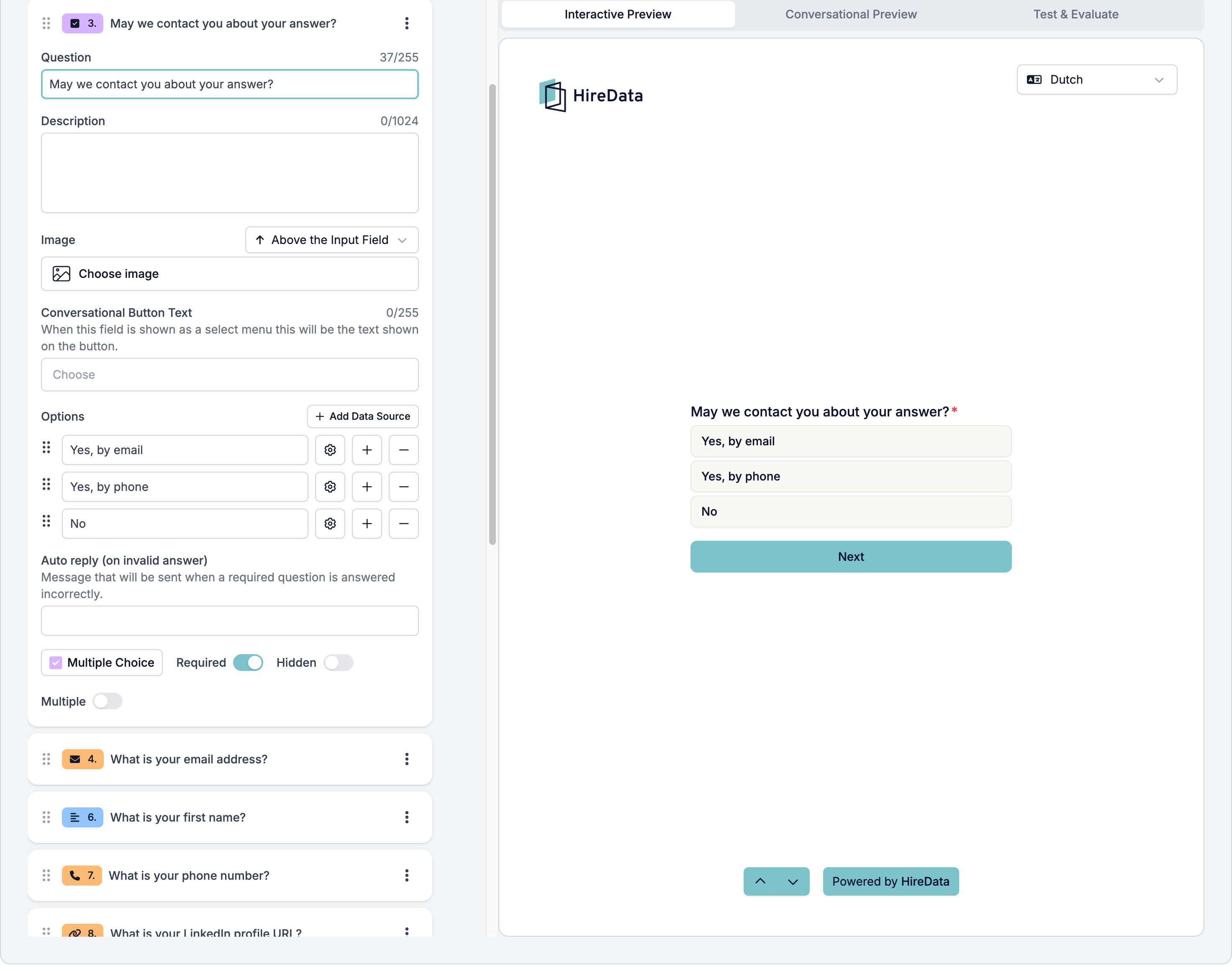 A Multiple Choice question card with three options, Add Data Source, Conversational Button Text, and the Multiple toggle, next to the preview showing the options as a list