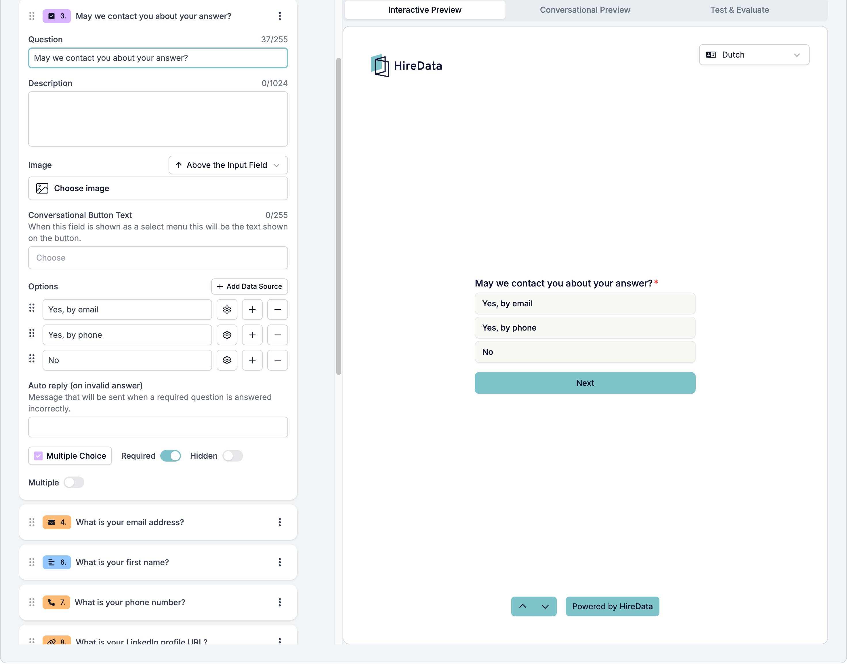 A Multiple Choice question card with three options, Add Data Source, Conversational Button Text, and the Multiple toggle, next to the preview showing the options as a list