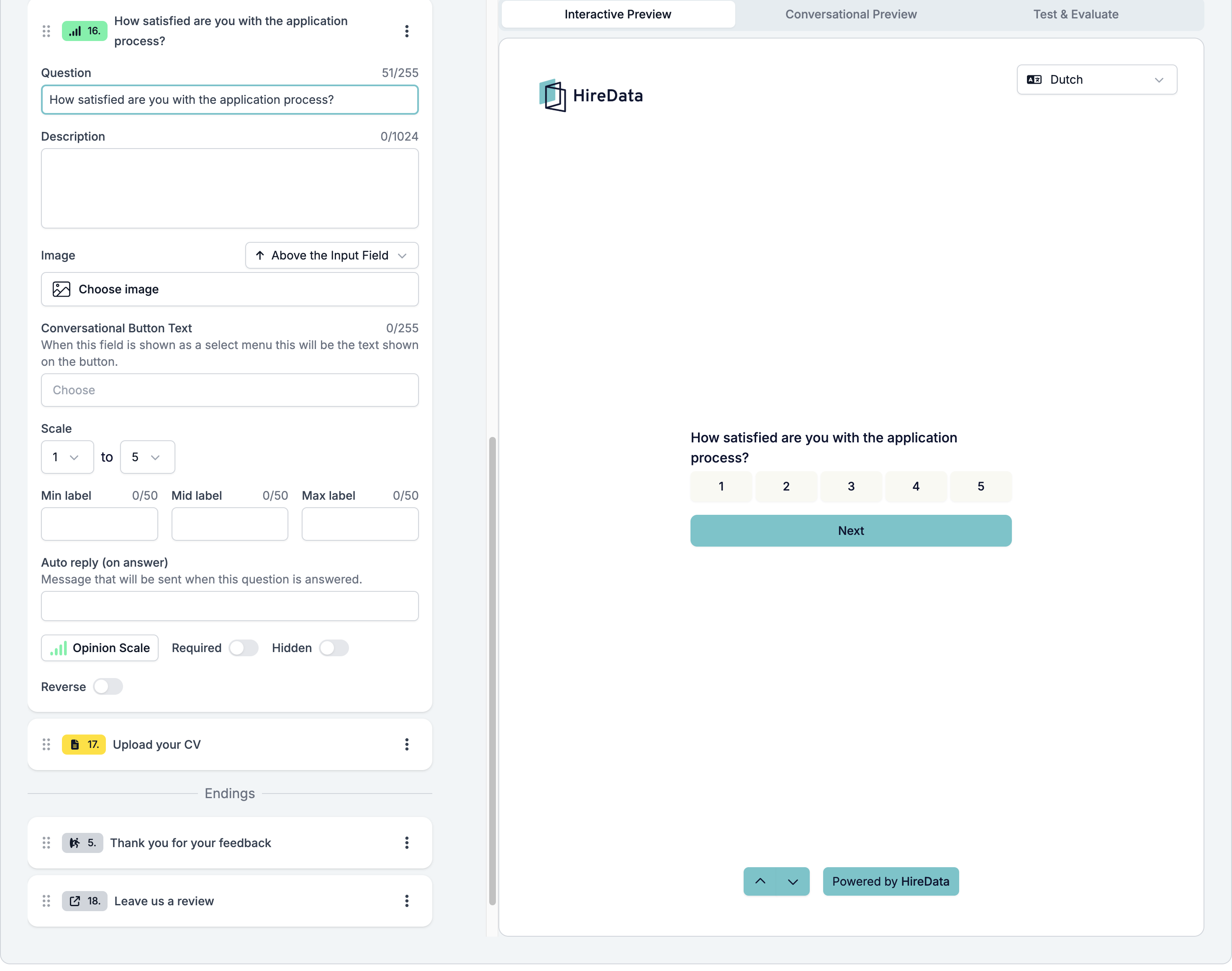 An Opinion Scale question card with a 1 to 5 scale, the three label fields, and the Reverse toggle, next to the preview showing five buttons