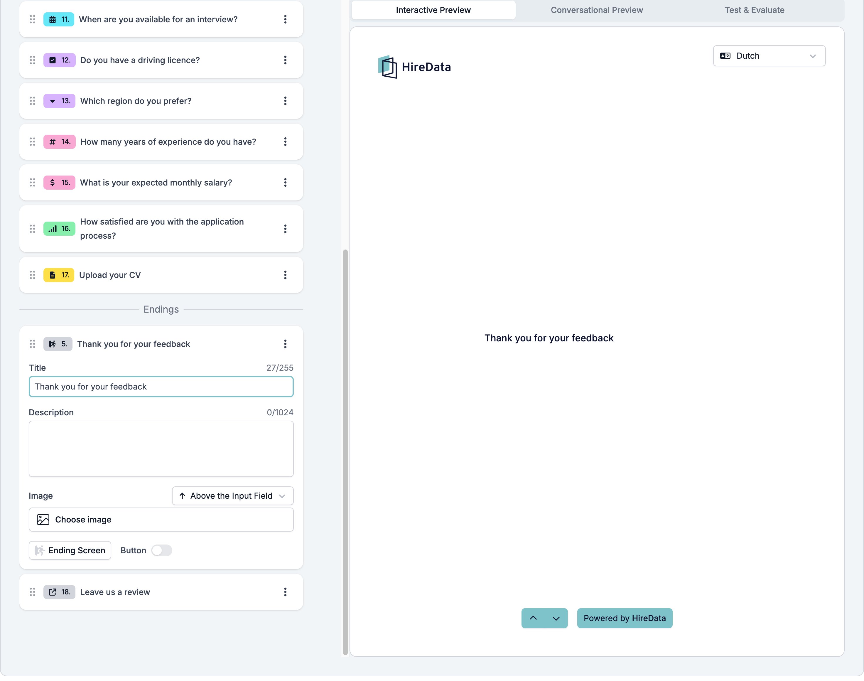 An Ending Screen card with Title, Description, Image, and the Button toggle, next to the preview showing the thank-you text
