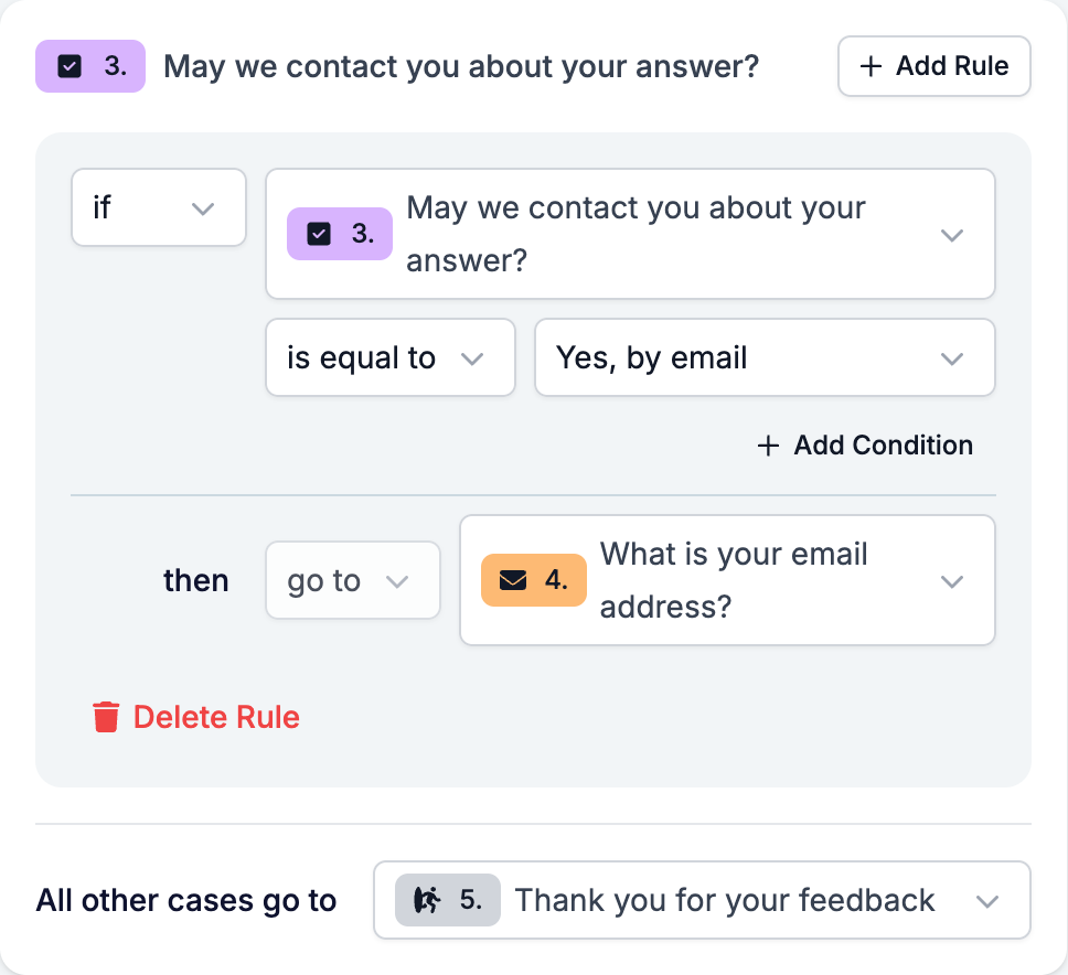 The rule on the contact question: is equal to Yes, by email, go to What is your email address, all other cases go to Thank you for your feedback