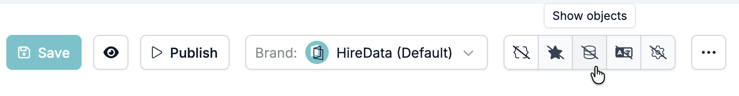 The builder toolbar next to Save and Publish, with the Show objects button highlighted