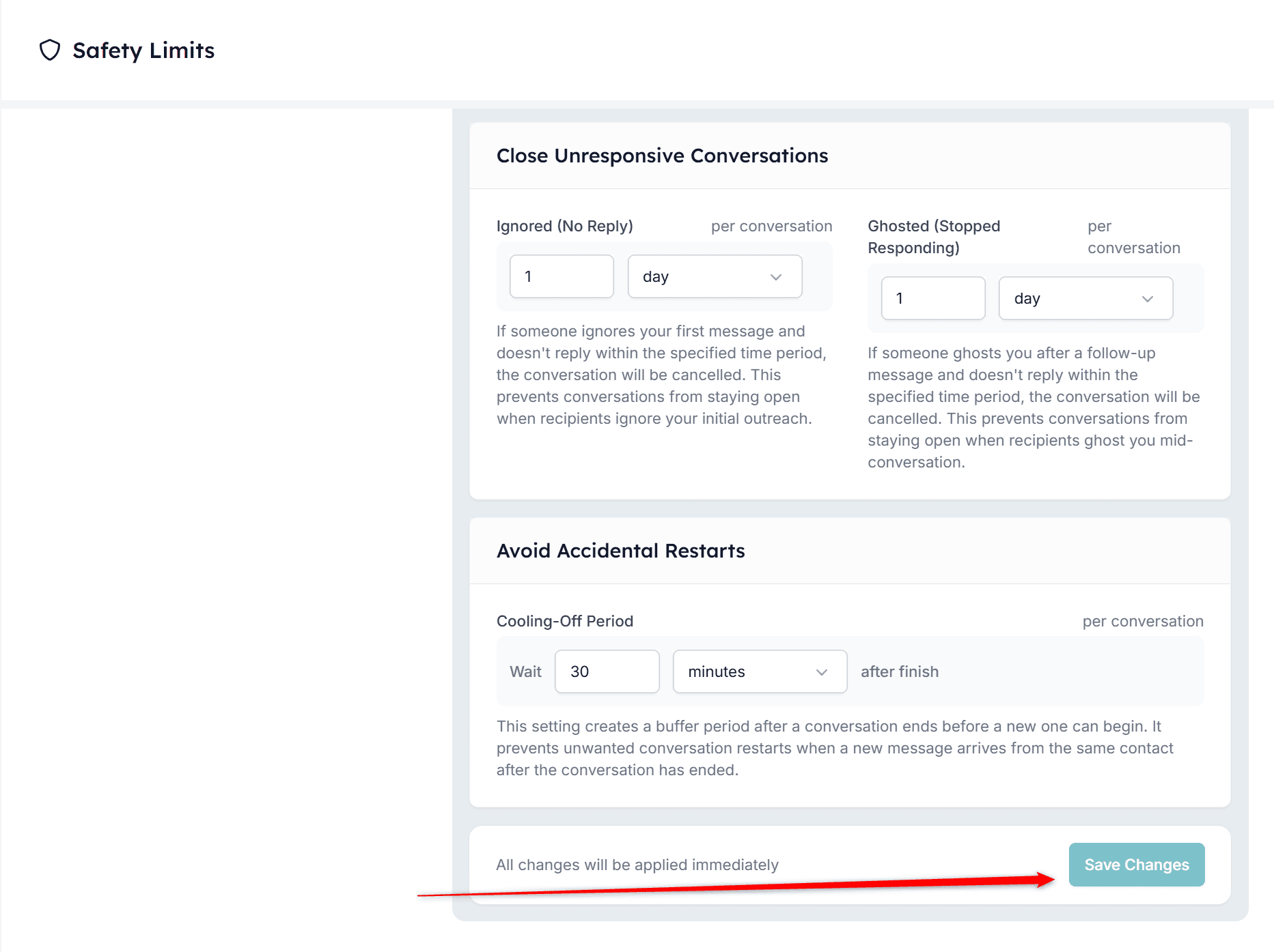 Saving changes in Safety Limits