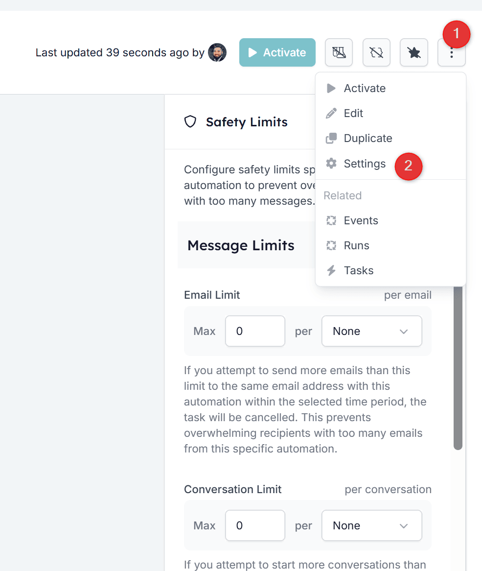 Navigating to Settings in the automation