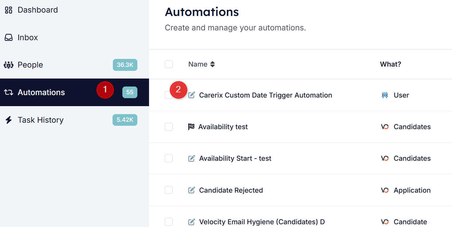 Navigating to and selecting an automation