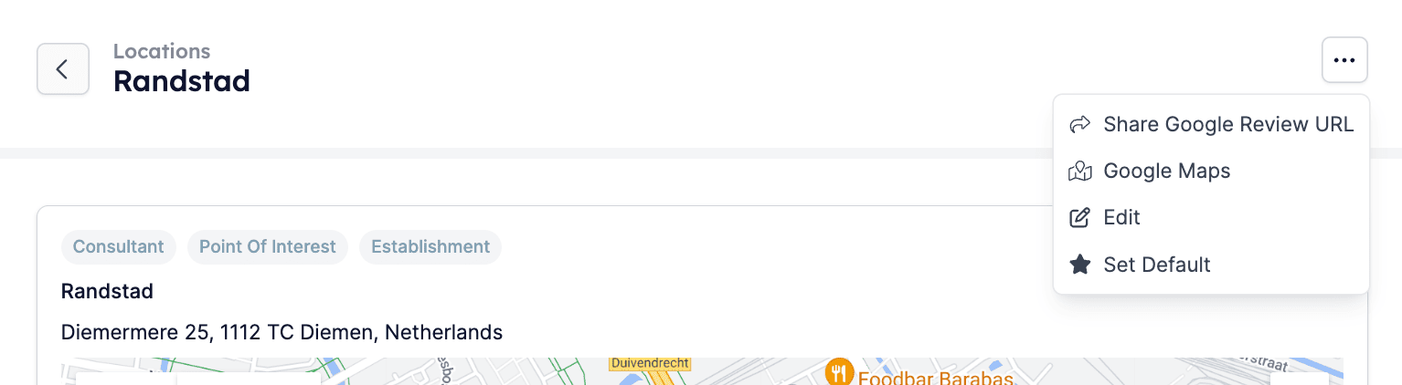 Drop-down menu with Share Google Review URL button