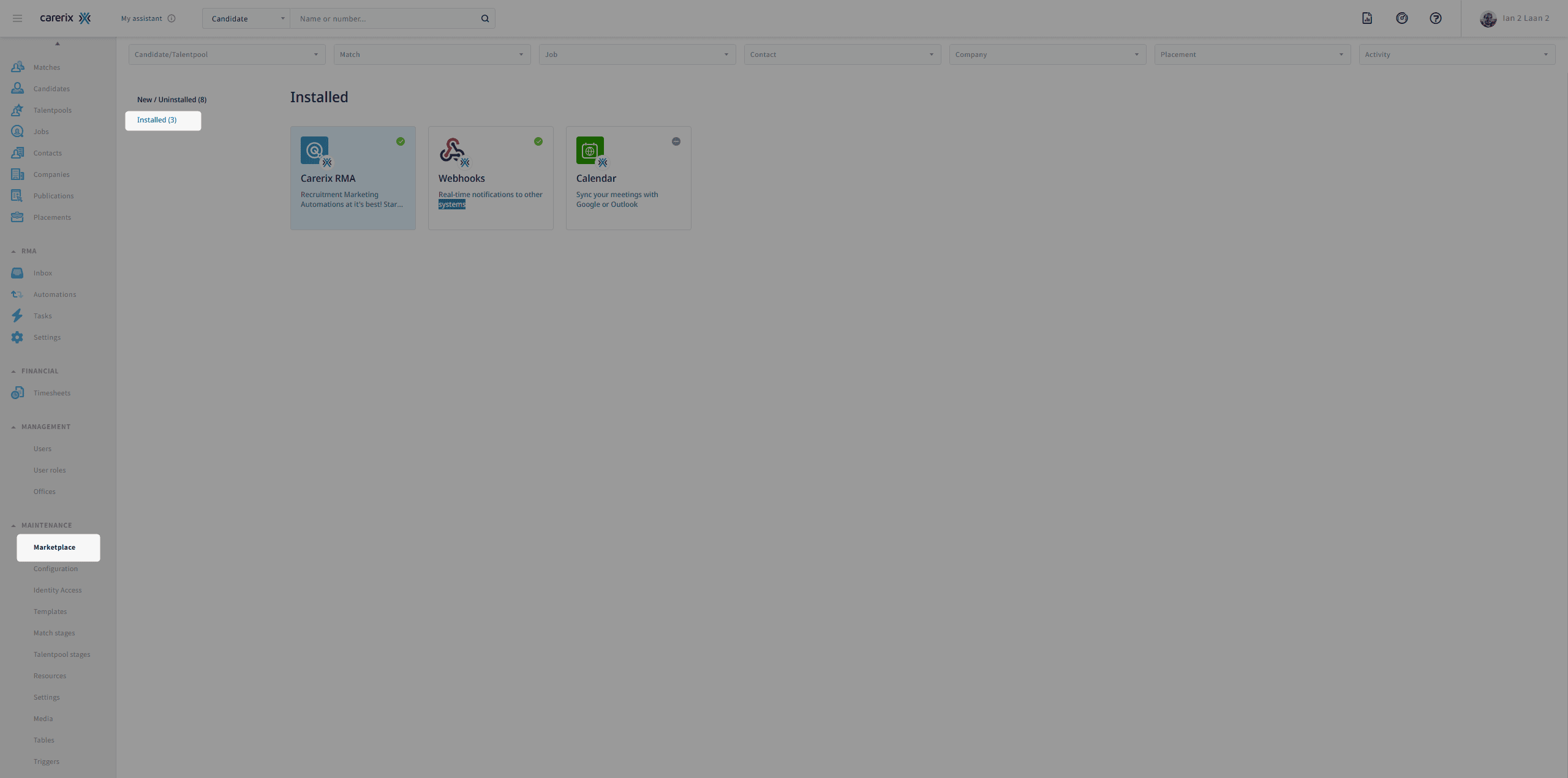 Installed Apps tab in Carerix