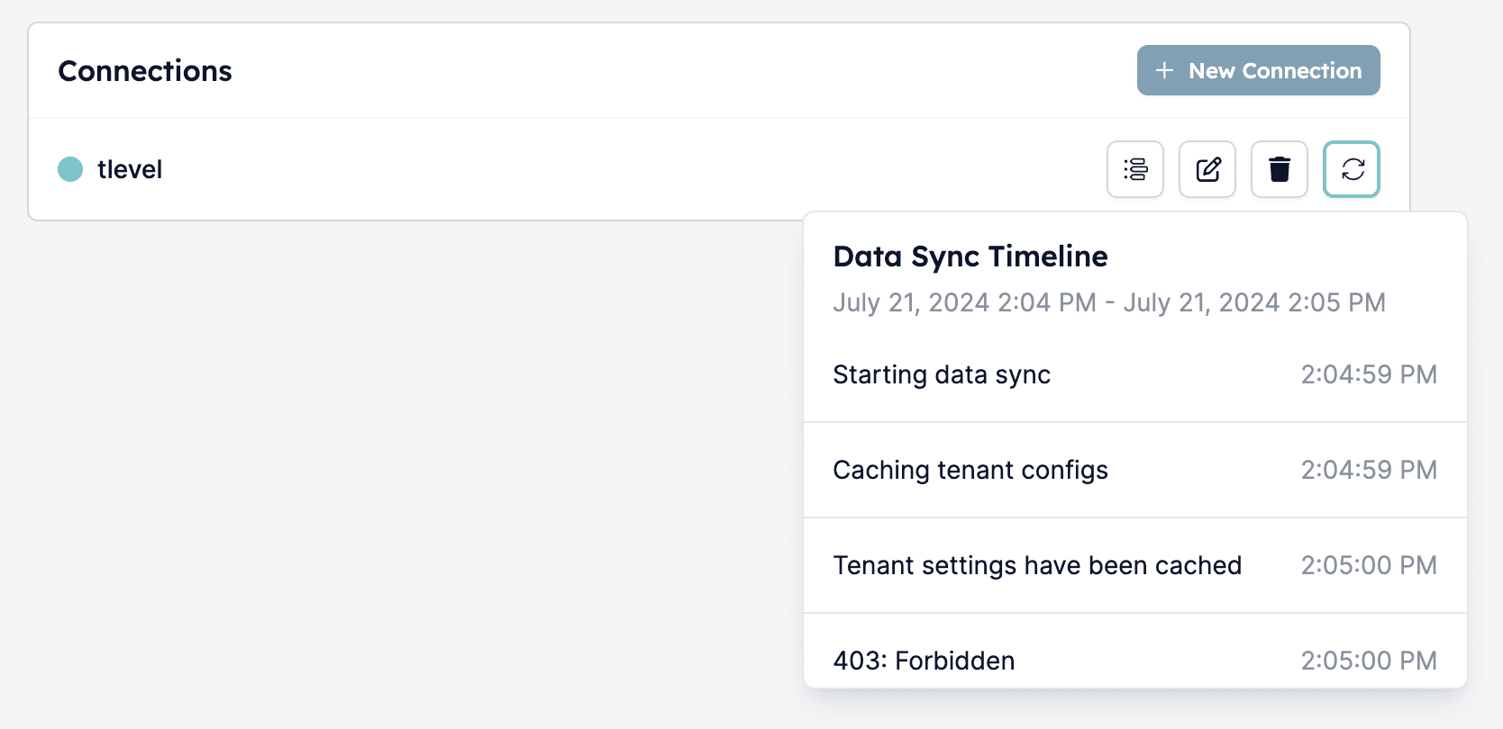 Timeline showing an error with the connection