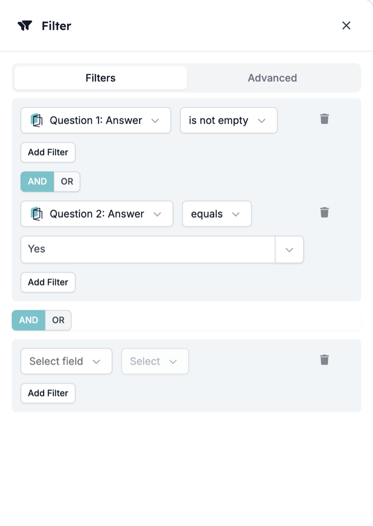 The Filter drawer with two rows in the first set, Question 1: Answer is not empty and Question 2: Answer equals Yes, joined by an AND / OR toggle, then a second toggle and an empty second set