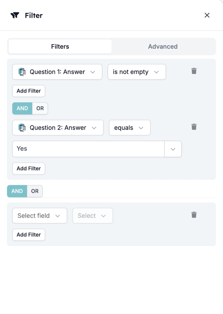 The Filter drawer with two rows in the first set, Question 1: Answer is not empty and Question 2: Answer equals Yes, joined by an AND / OR toggle, then a second toggle and an empty second set