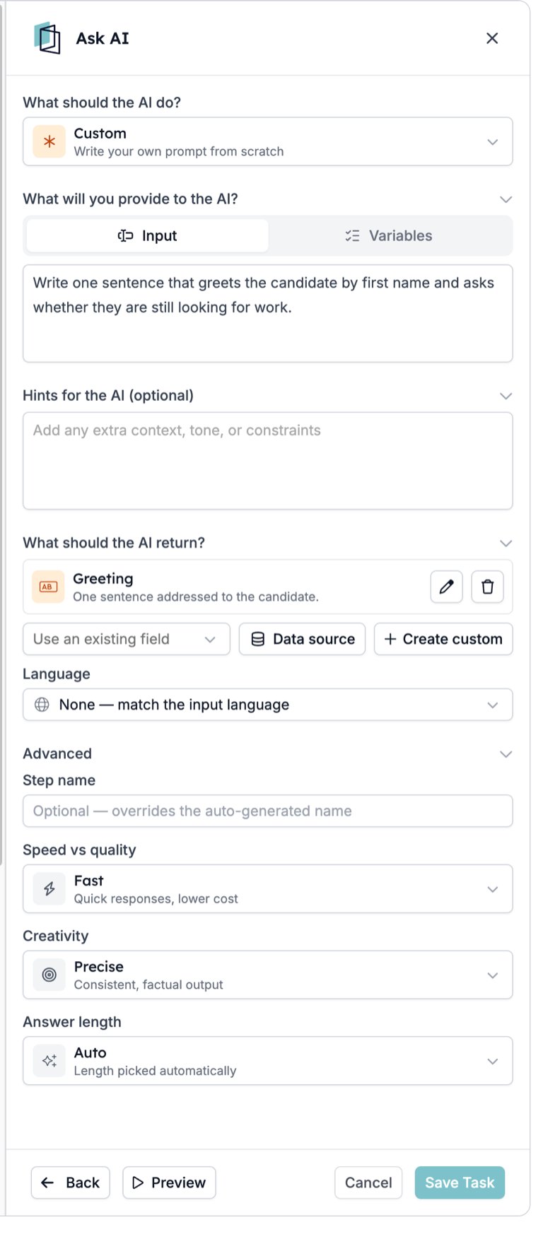 The Ask AI drawer with Custom chosen, a prompt in the Input tab, an empty Hints box, one output field named Greeting, Language set to None, and the Advanced section open on Fast, Precise, and Auto