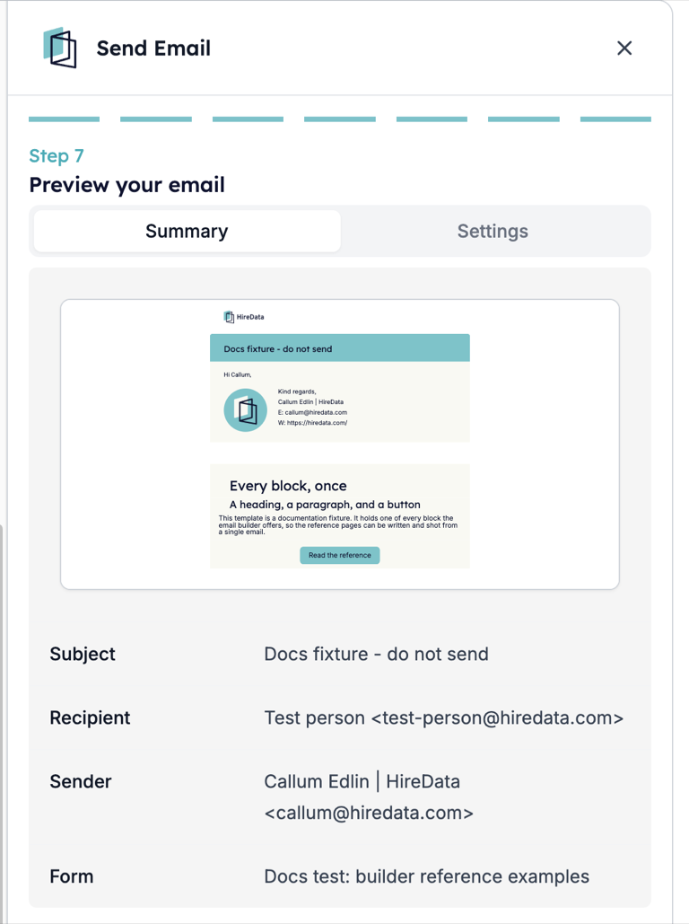 Step 7, Preview your email, on the Summary tab: the rendered email above rows for Subject, Recipient, Sender, and Form