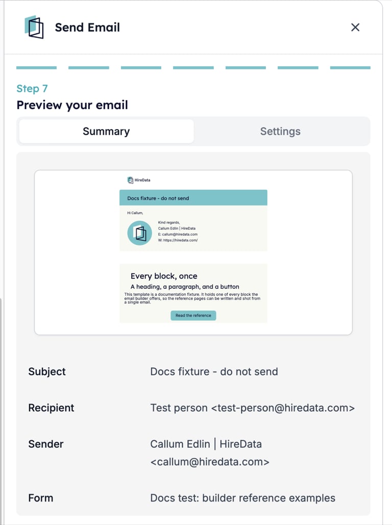 Step 7, Preview your email, on the Summary tab: the rendered email above rows for Subject, Recipient, Sender, and Form