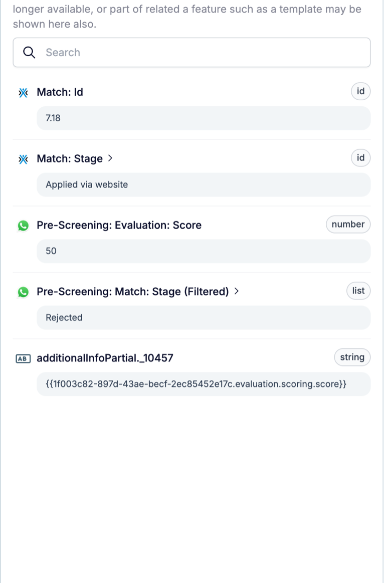 The Fields tab of an Update Match run step listing Match: Id, Match: Stage, an evaluation score, a filtered stage value, and one unresolved variable shown as raw text