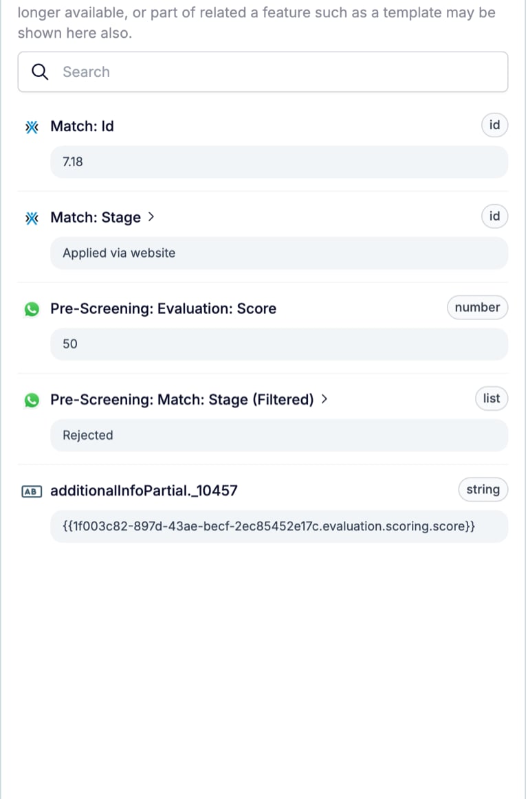The Fields tab of an Update Match run step listing Match: Id, Match: Stage, an evaluation score, a filtered stage value, and one unresolved variable shown as raw text