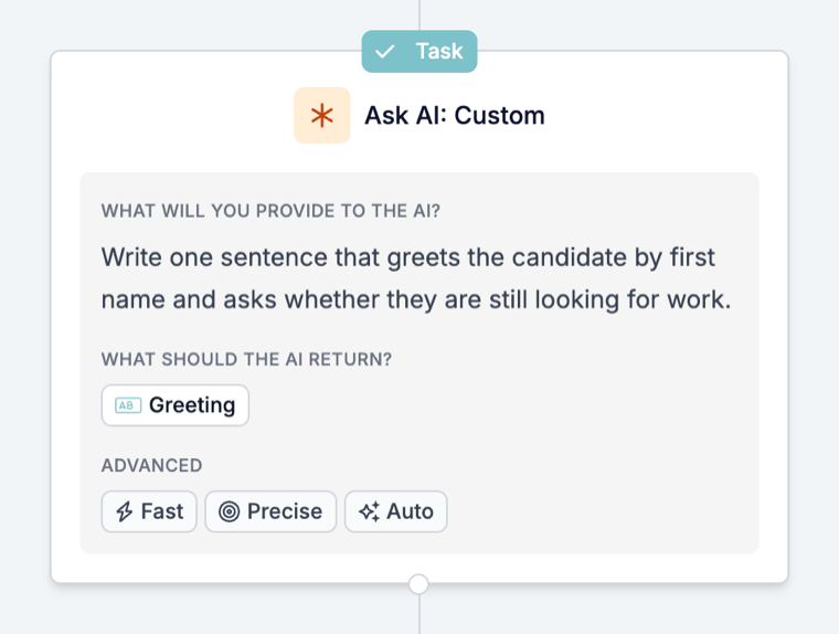 An Ask AI: Custom card on the canvas with the prompt text, a Greeting output chip, and the chips Fast, Precise, and Auto