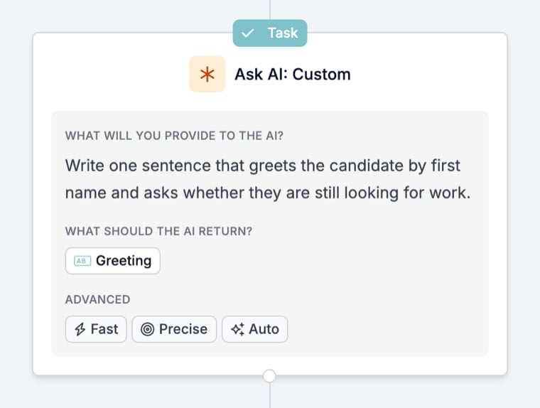 An Ask AI: Custom card on the canvas with the prompt text, a Greeting output chip, and the chips Fast, Precise, and Auto