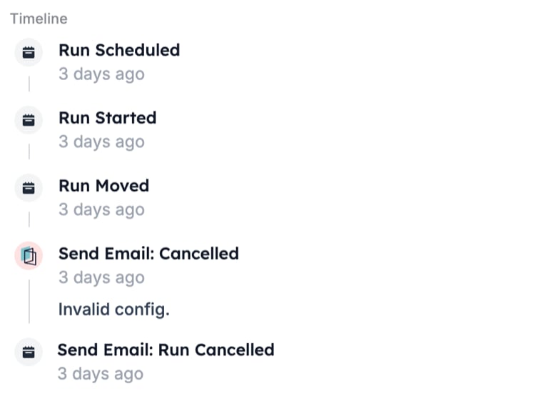A run timeline with Send Email: Cancelled, the message Invalid config., and Send Email: Run Cancelled
