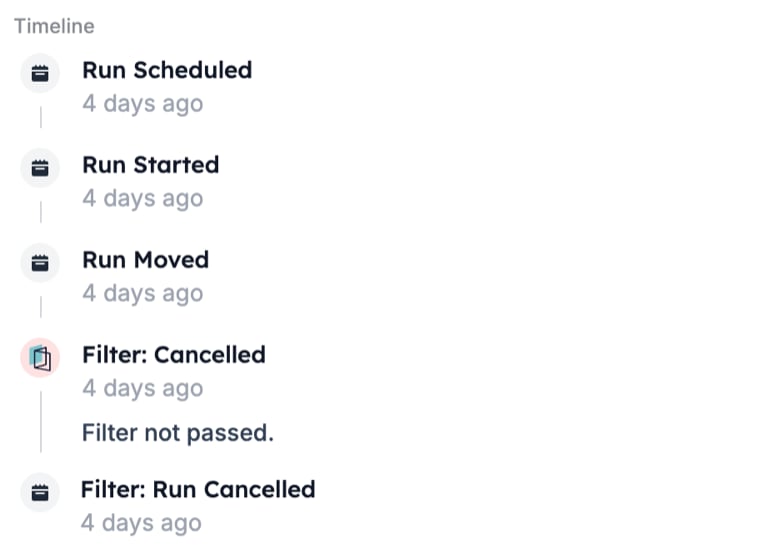 A run timeline with Run Scheduled, Run Started, Run Moved, then Filter: Cancelled with the message Filter not passed. and Filter: Run Cancelled
