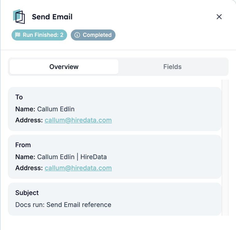 The Send Email run step drawer with Run Finished and Completed badges, the Overview tab open, and cards for To, From, and Subject