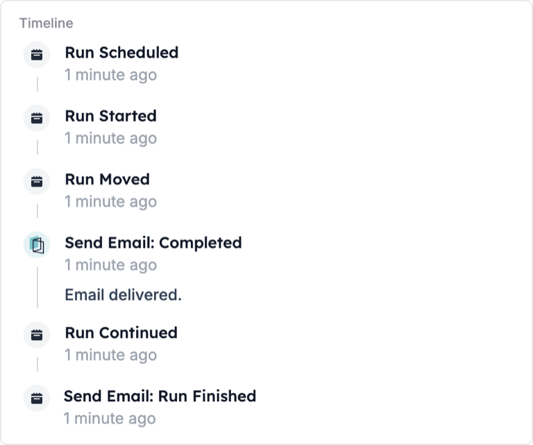 A run timeline: Run Scheduled, Run Started, Run Moved, Send Email: Completed with the message Email delivered., Run Continued, and Send Email: Run Finished
