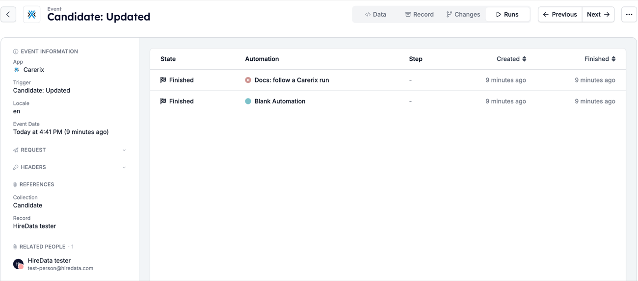 The Runs tab of the same event, listing two Finished runs: Docs: follow a Carerix run and Blank Automation