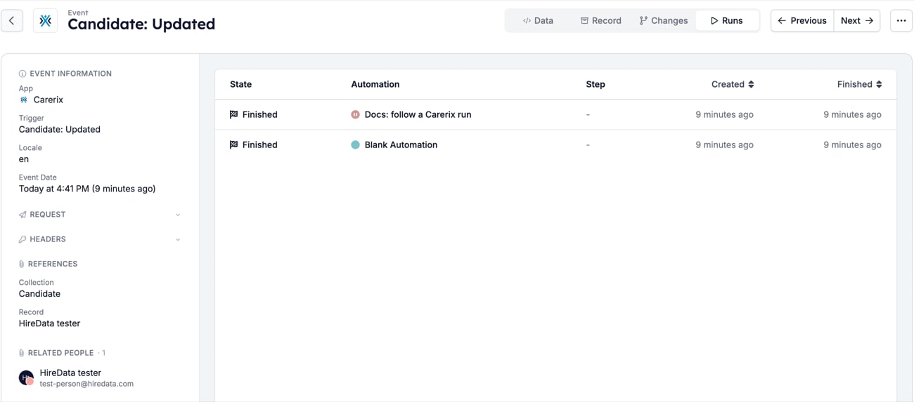 The Runs tab of the same event, listing two Finished runs: Docs: follow a Carerix run and Blank Automation