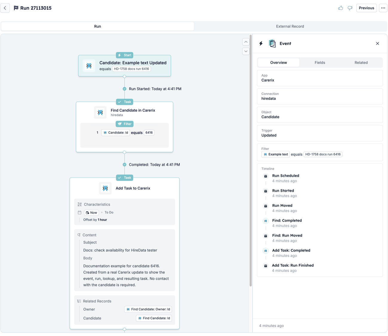 The run page for run 27113015: the Start card, Find Candidate in Carerix with Completed below it, Add Task to Carerix, and the Event panel on the right with the Overview tab and the timeline