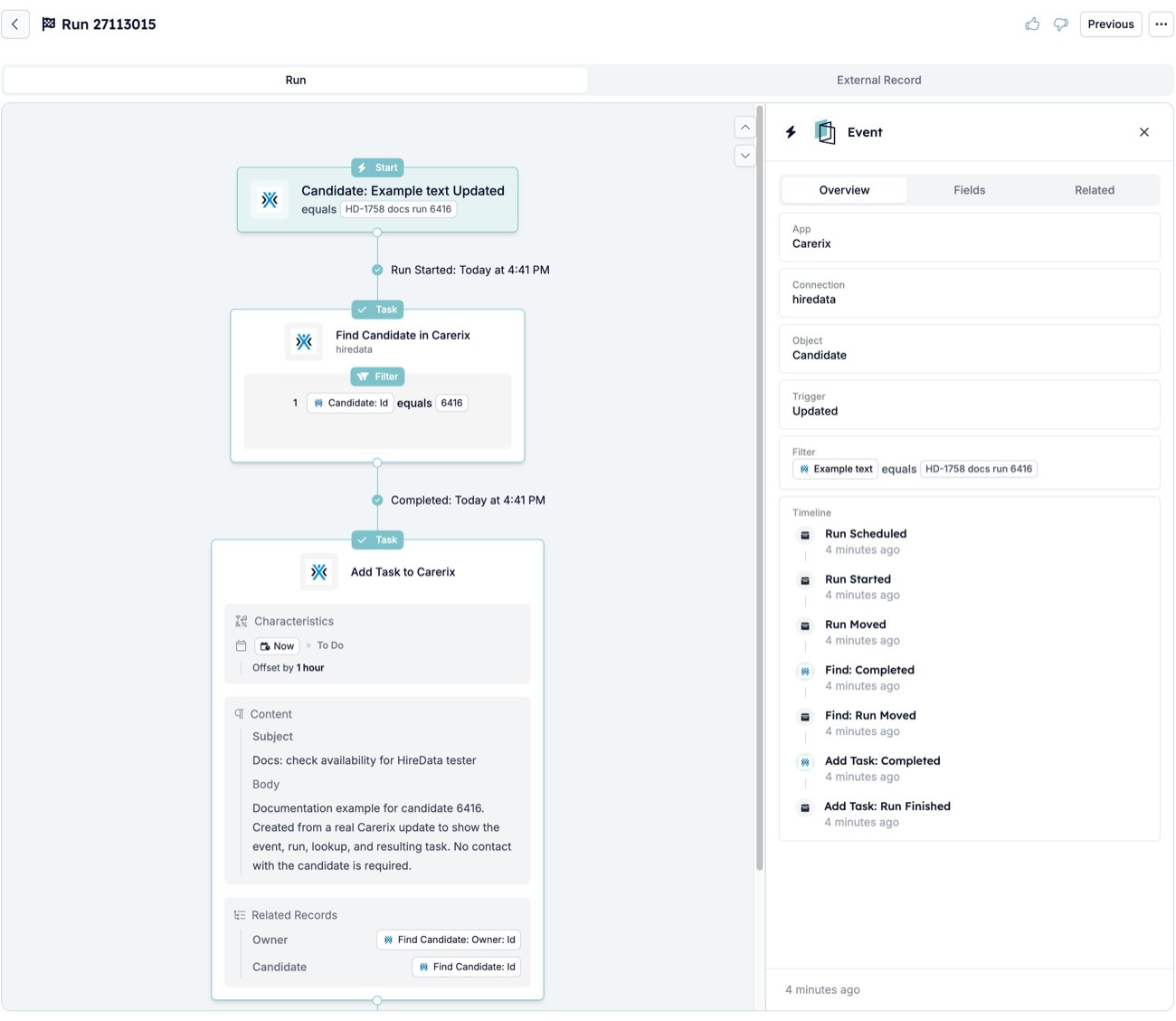 The run page for run 27113015: the Start card, Find Candidate in Carerix with Completed below it, Add Task to Carerix, and the Event panel on the right with the Overview tab and the timeline