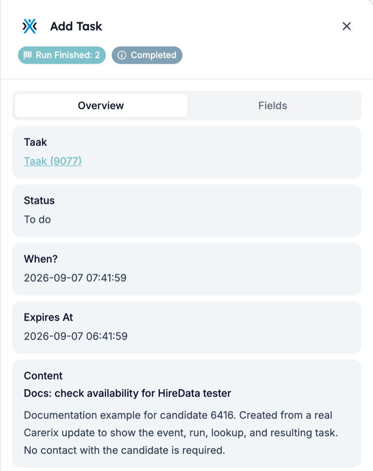 The Overview tab of the Add Task run step: a Taak (9077) link, Status To do, When? and Expires At timestamps, and the Content with the subject and body