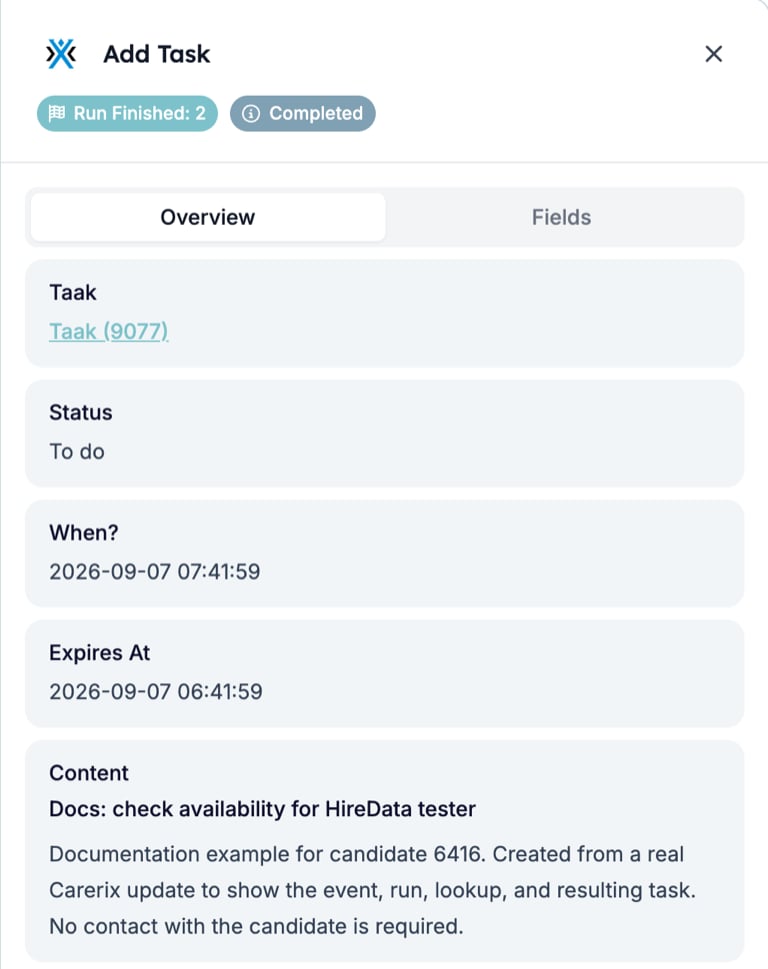 The Overview tab of the Add Task run step: a Taak (9077) link, Status To do, When? and Expires At timestamps, and the Content with the subject and body