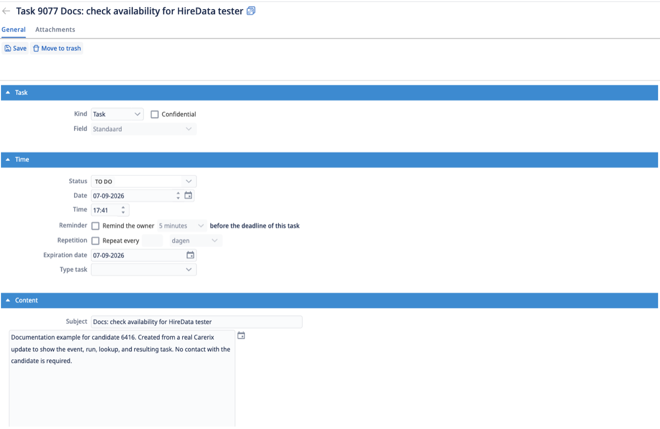 The task in Carerix, Task 9077 Docs: check availability for HireData tester, with Kind Task, Status TO DO, a date and time, an expiration date, and the subject and body under Content