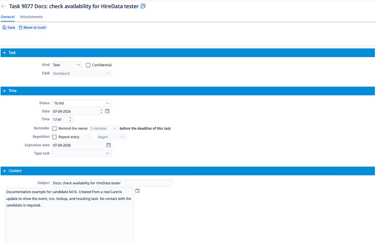 The task in Carerix, Task 9077 Docs: check availability for HireData tester, with Kind Task, Status TO DO, a date and time, an expiration date, and the subject and body under Content