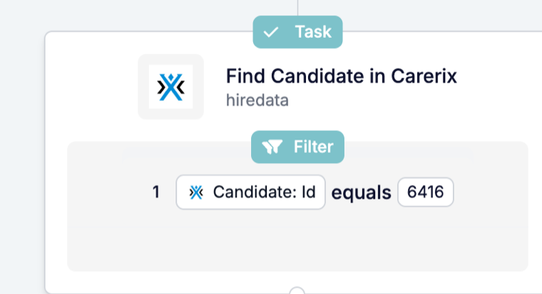 A Find Candidate in Carerix card on the canvas with the connection hiredata and a Filter block reading Candidate: Id equals 6416