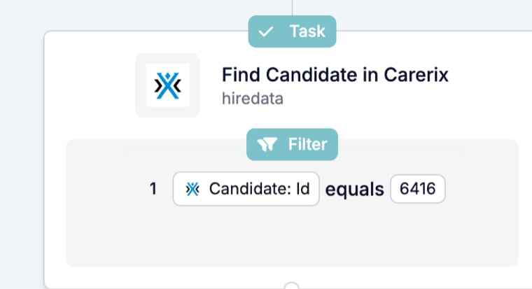 A Find Candidate in Carerix card on the canvas with the connection hiredata and a Filter block reading Candidate: Id equals 6416