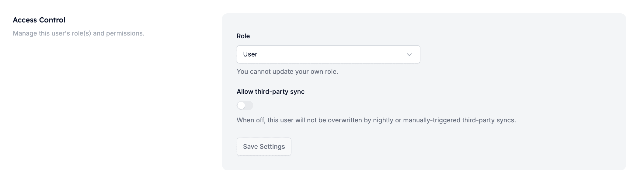The Enable Third-Party Sync toggle in a user's Access Control settings
