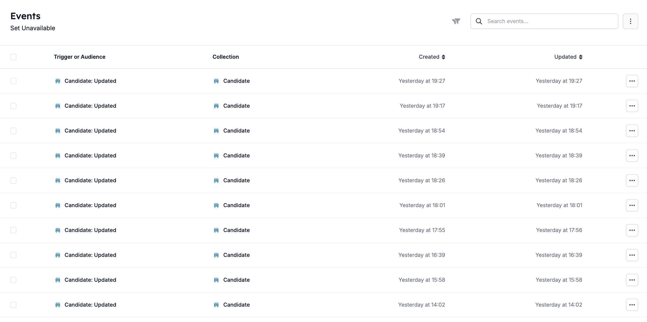 The Events page for a specific automation