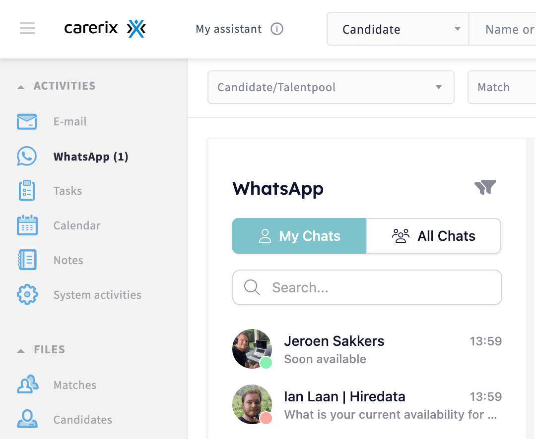 The WhatsApp active chats counter in the Carerix side menu