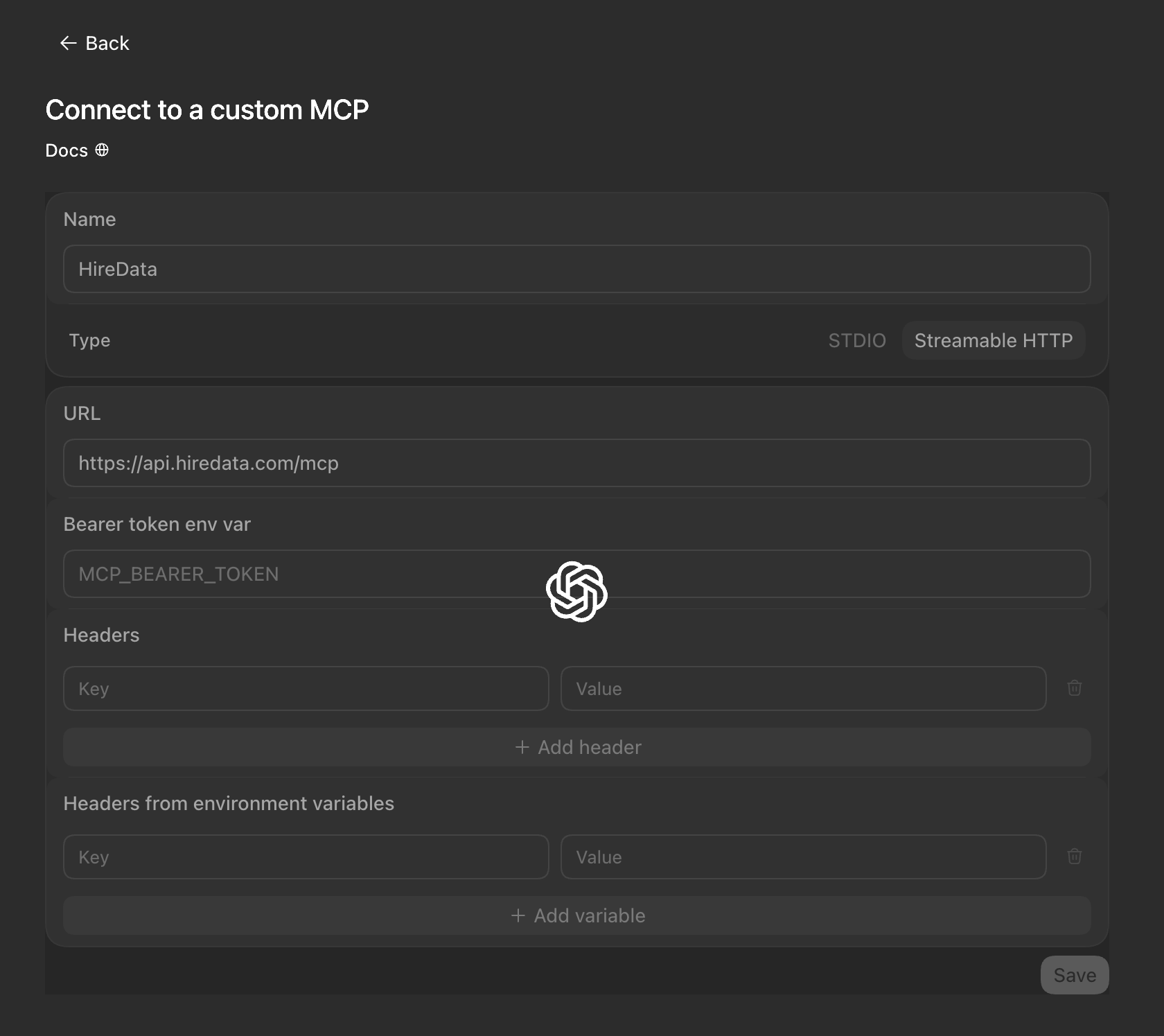 Le formulaire MCP personnalisé de ChatGPT rempli pour HireData