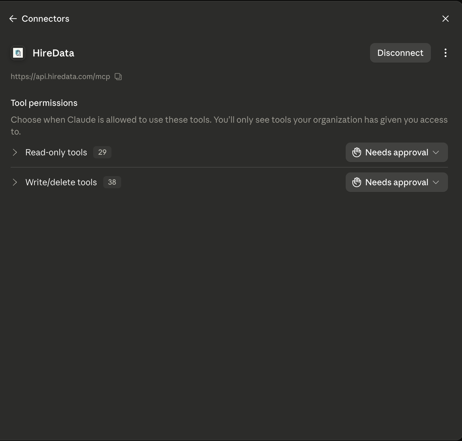 Permissions des outils pour le connecteur HireData dans Claude