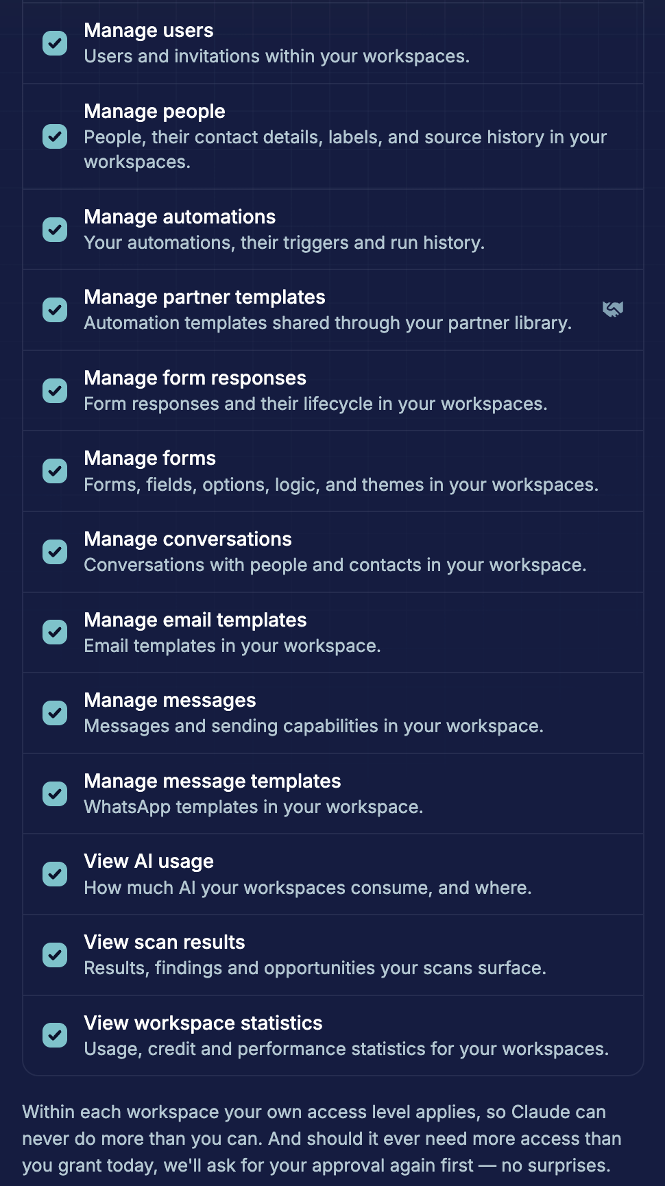La liste complète des permissions sur l'écran de consentement de HireData