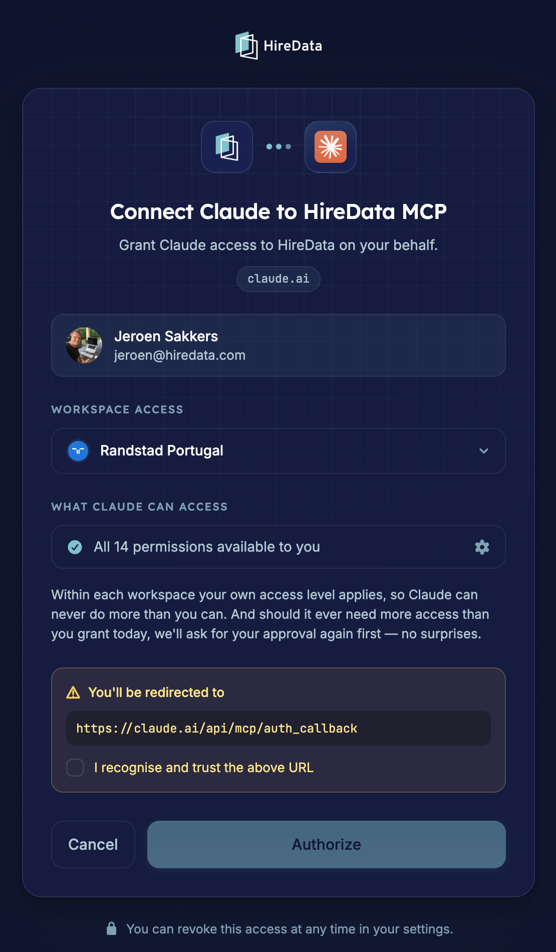 L'écran de consentement de HireData avec l'accès aux workspaces et les permissions