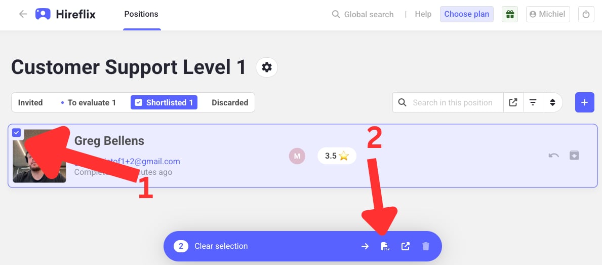 Selecting candidates and clicking the CSV export icon